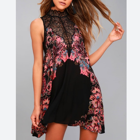 Free People Dresses & Skirts - Free People Intametly Free People Marsha Black Print Lace Slip Dress